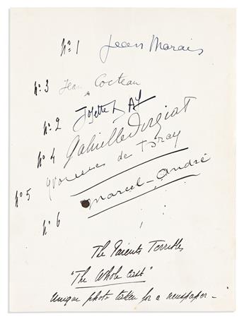COCTEAU, JEAN. Photograph Signed, on verso, full-length group portrait showing the cast members of his film Les Parents terribles (1948